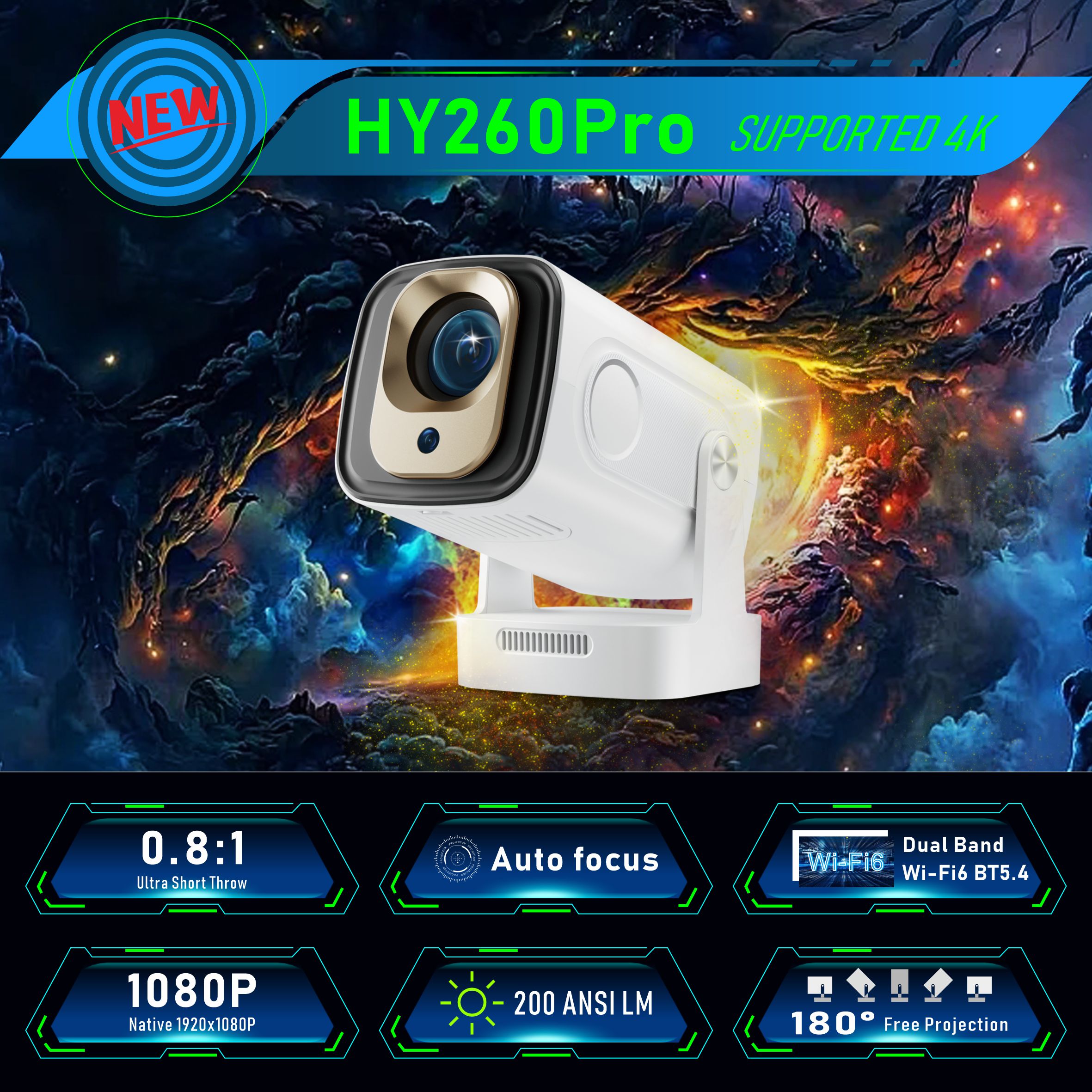 Mini Projector - Auto Focus Native 1080P 4K Support