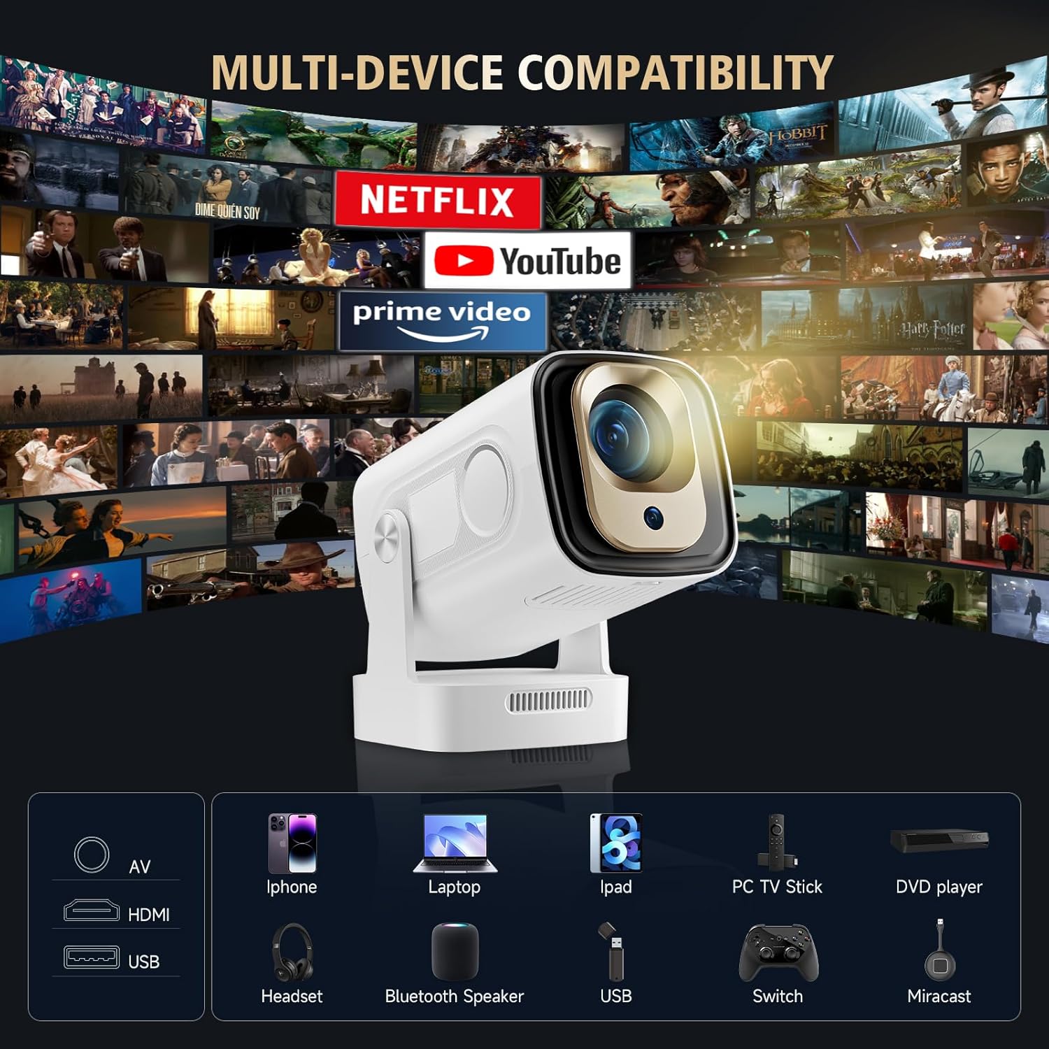 Mini Projector - Auto Focus Native 1080P 4K Support